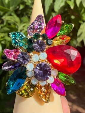 Multicolor Rhinestone Crystal Flower Stretch Cocktail Ring - Women Jewelry